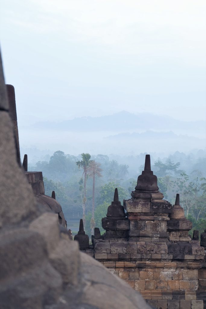 misty morning view Borobudur Java